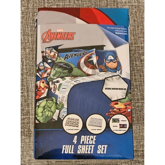NEW Avengers All Over Print 4-Piece Full Sheet Set Flat Fitted & 2 Pillow Cases - Picture 1 of 3